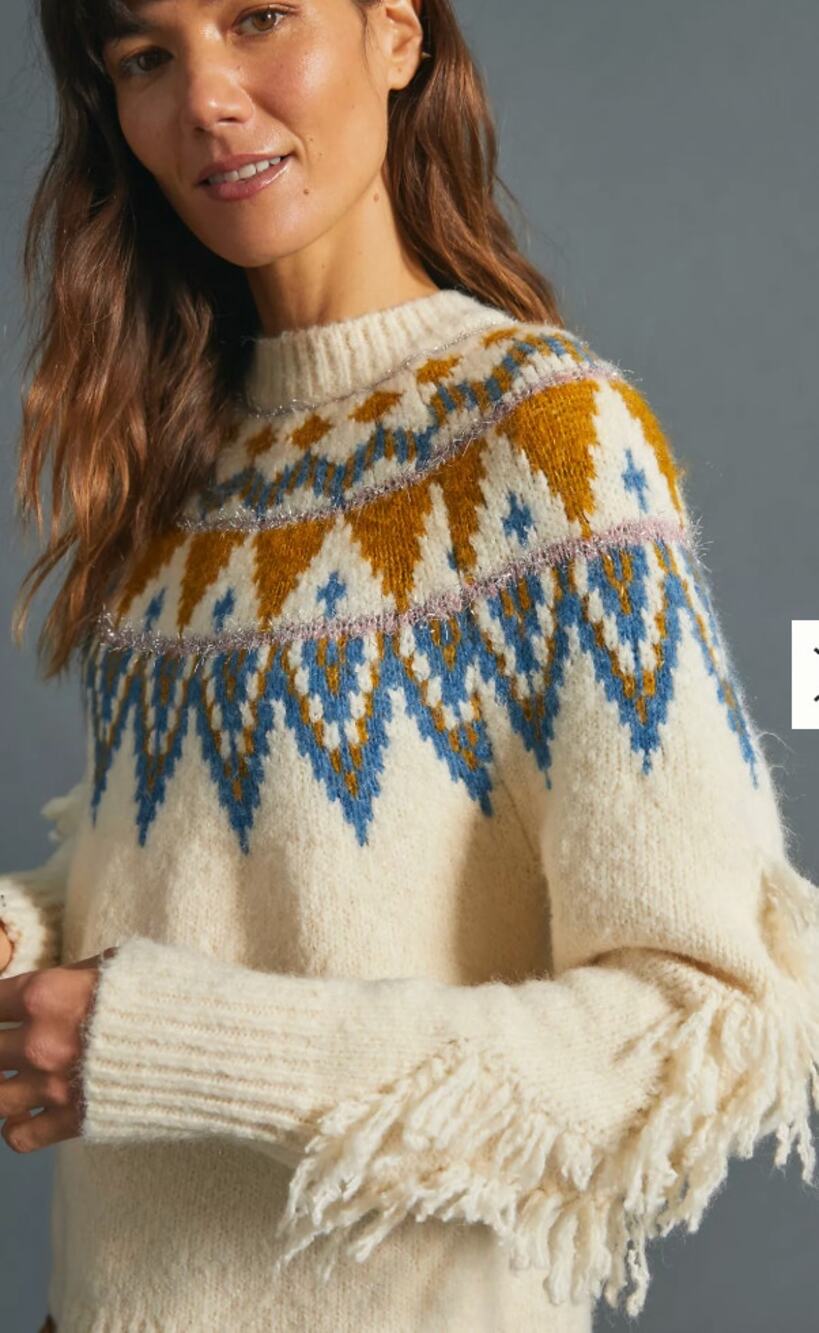 Anthropologie Greylin Fair Isle Glenna Fringed Cream Sweater Small